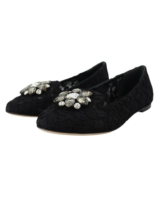 Dolce & Gabbana Black Taormina Lace Crystals Flats Shoes