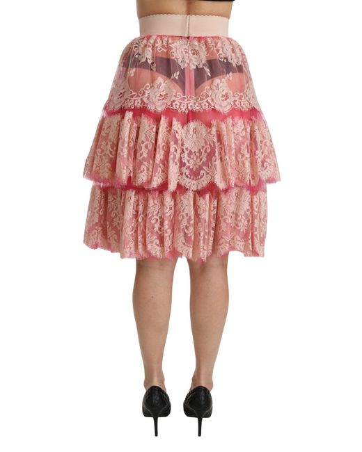 Dolce & Gabbana Pink Lace Layered High Waist Knee Length Skirt