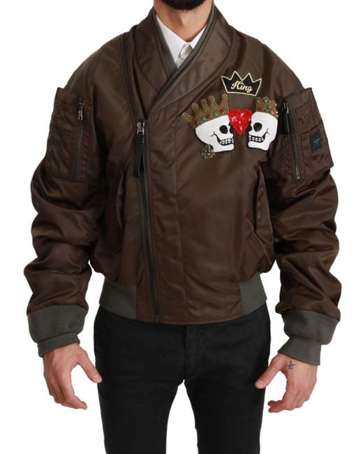 Dolce & Gabbana Brown Beaded Crown Skull Logo Jacket Nylon Clothing for men