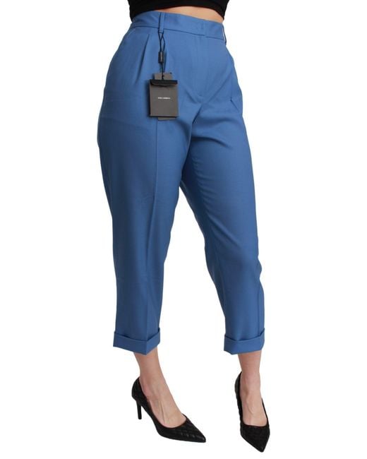 Dolce & Gabbana Blue Pleated Wool Cuffed Cropped Trouser Pants