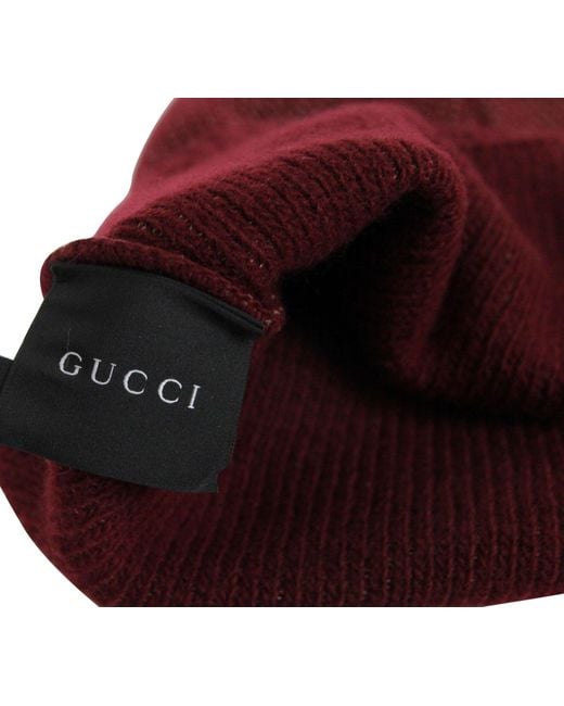 Gucci Red Wool Cashmere Cotton Medium Knit Beanie Hat With Logo