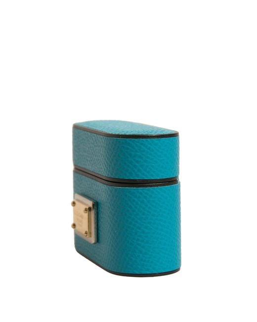 Dolce & Gabbana Blue Leather Metal Logo Plaque Holder Airpods Case