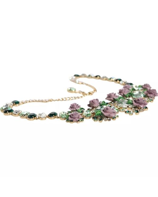 Dolce & Gabbana Black Brass Link Chain Rose Petal Crystal Necklace