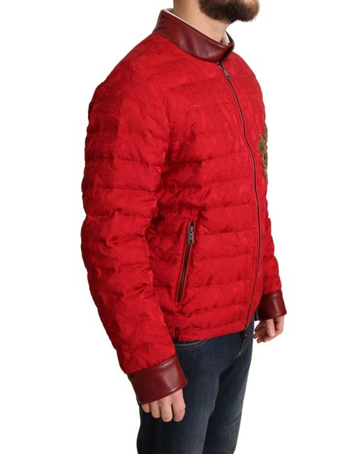 Dolce & Gabbana Red Quilted Bomber Crown Logo Jacket for men