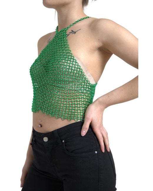 Dolce & Gabbana Green Aluminum Sleeveless Halter Cropped Tank Top