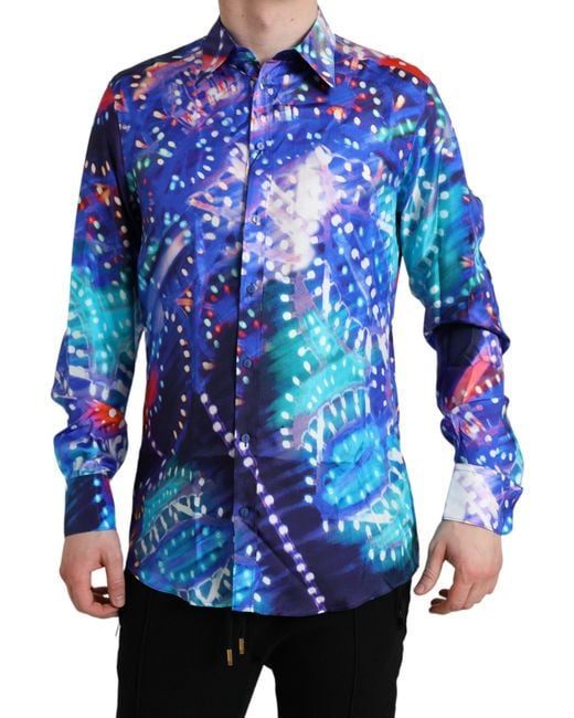 Dolce & Gabbana Blue Luminarie Silk Slim Martini Shirt for men