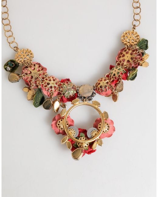 Dolce & Gabbana Red Rose Floral Crystal Embellished Statement Jewelry Necklace