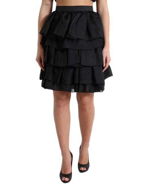 Dolce & Gabbana Black Tiered Aline High Waist Silk Mini Skirt