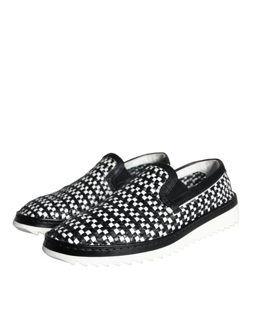 Dolce & Gabbana Black White Weaved Slip On Men Loafers Shoes for men