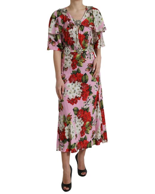 Dolce & Gabbana Red Floral Crystal Embellished A-Line Dress