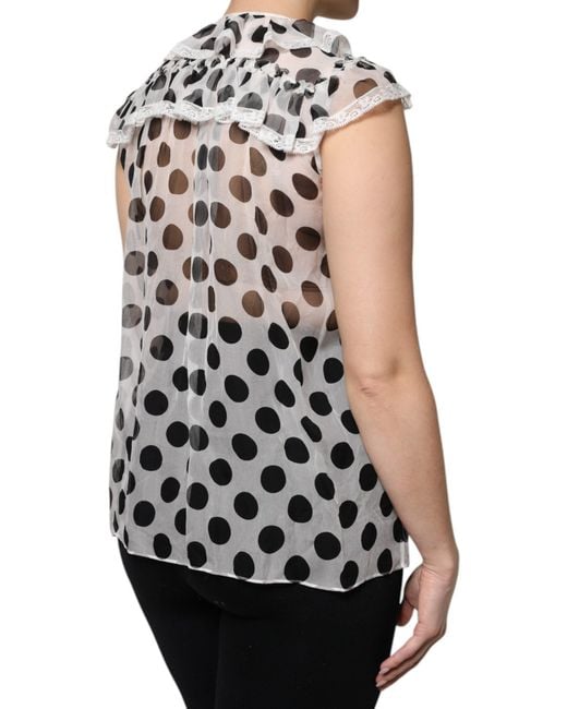 Dolce & Gabbana White Polka Dot Silk Blouse Ruffled Neckline