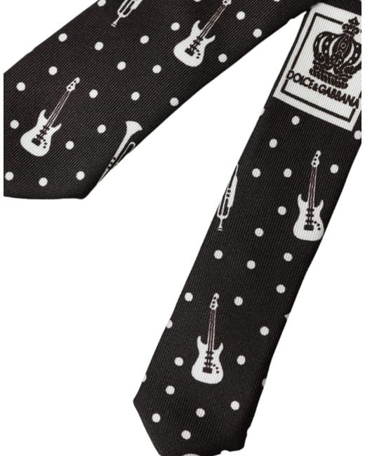 Dolce & Gabbana Black Guitar Print Silk Adjustable Tie for men
