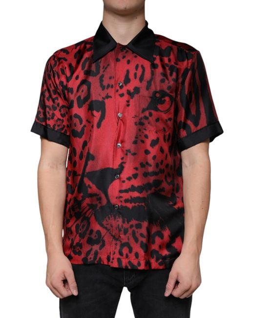 Dolce & Gabbana Red Leopard Silk Button Down Casual Shirt for men