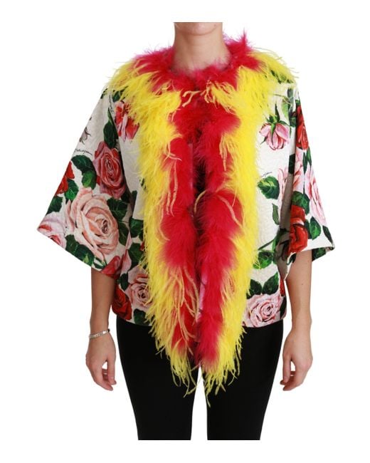 Dolce & Gabbana White Floral Coat Capte Fur Roses Jacket