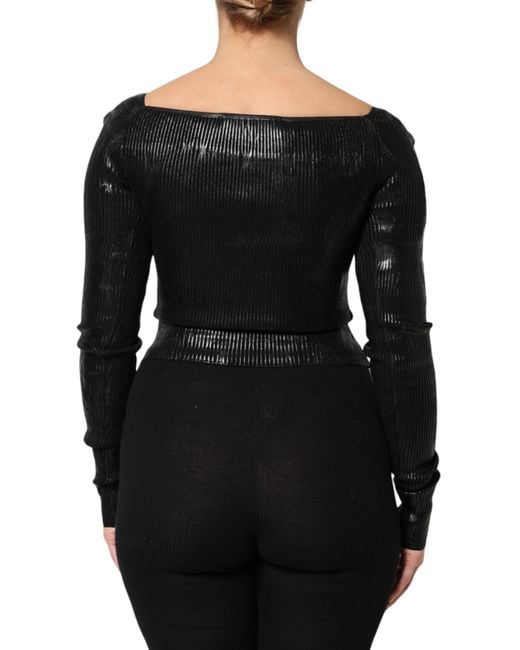 Dolce & Gabbana Black Square Neck Long Sleeve Ribbed Top