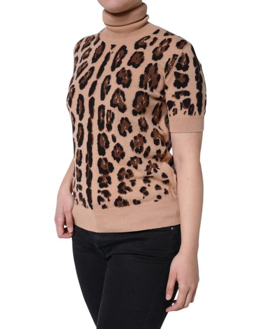 Dolce & Gabbana Natural Leopard Print Wool Turtleneck Top
