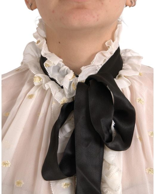 Dolce & Gabbana Gray Off White Silk Blend Ascot Collar Blouse Top