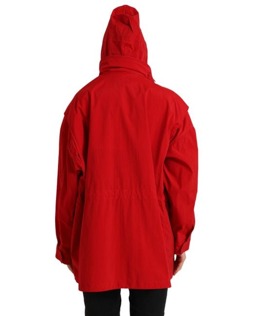 Dolce & Gabbana Red Polyester Hooded Button Rain Coat Jacket