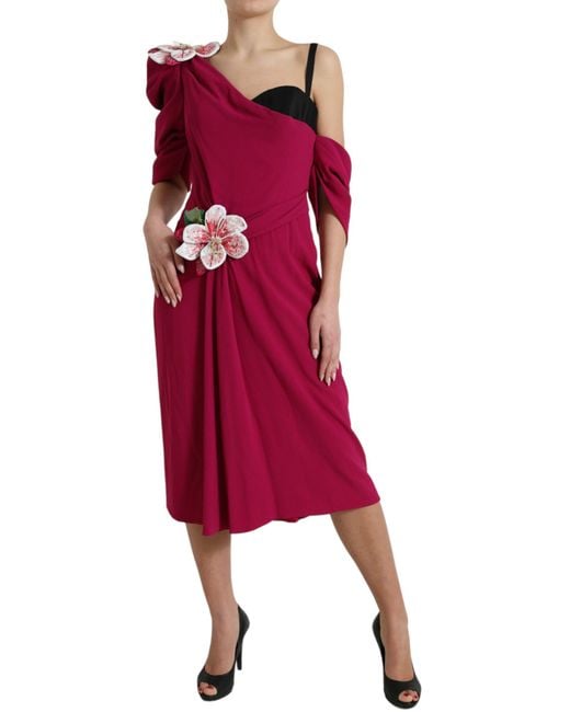 Dolce & Gabbana Red Flower Embellished One Shoulder Dress