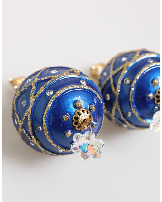 Dolce & Gabbana Blue Brass Christmas Ball Crystal Drop Clip On Earrings