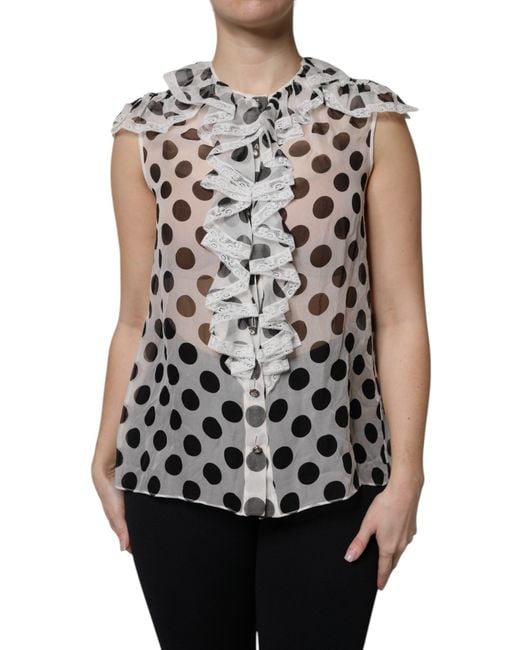 Dolce & Gabbana White Polka Dot Silk Blouse Ruffled Neckline