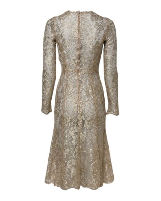 Dolce & Gabbana Natural Floral Lace Long Sleeves Fit & Flare Dress