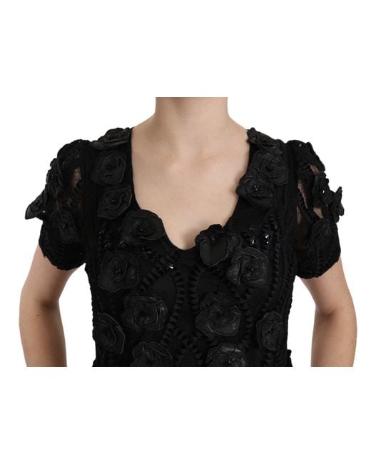 John Richmond Black Silk Leather Flowers Sheath Dress