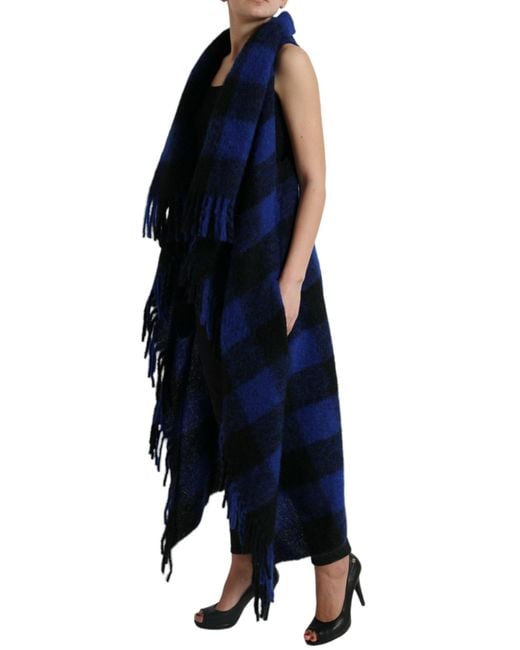 Dolce & Gabbana Blue Buffalo Check Poncho Coat Sweater
