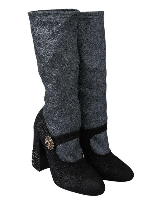 Dolce & Gabbana Blue Crystal Mary Janes Booties Shoes Nylon Spandex (Stretch)