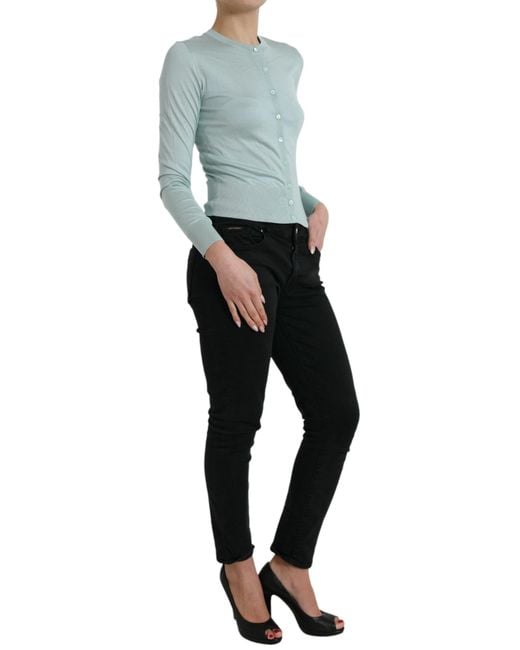 Dolce & Gabbana Blue Silk Crew Neck Cardigan Sweater