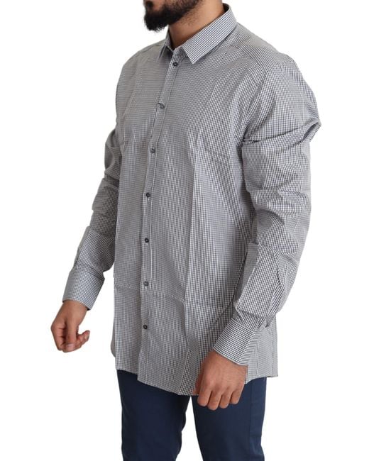 Dolce & Gabbana Gray White Checkered Gold Dress Cotton Shirt for men