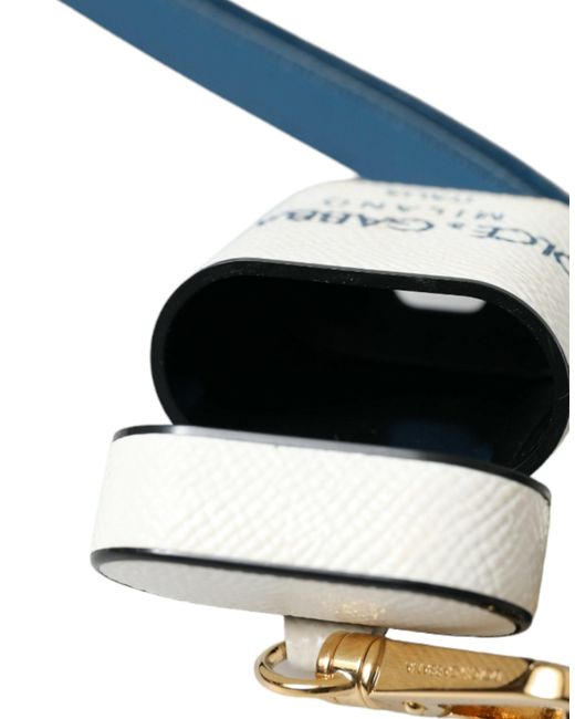 Dolce & Gabbana Blue Calf Leather Logo Print Strap Airpods Case