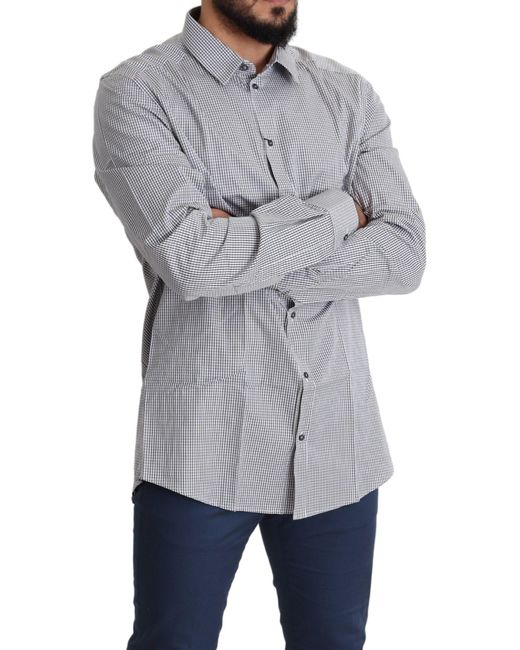 Dolce & Gabbana Gray White Checkered Gold Dress Cotton Shirt for men