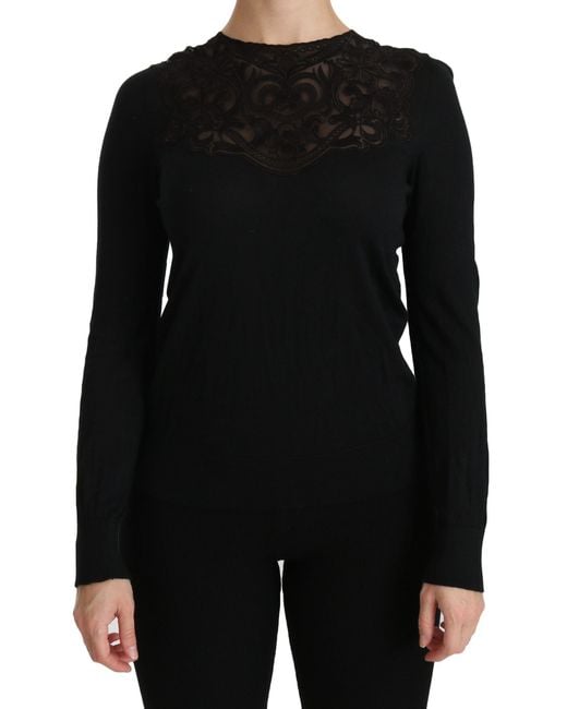 Dolce & Gabbana Black Silk Lace Crew Neck Long Sleeve Blouse