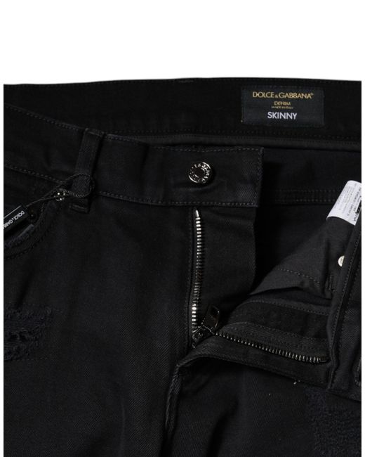 Dolce & Gabbana Black Cotton Tattered Skinny Denim Logo Jeans for men
