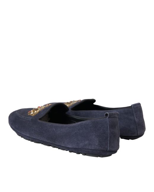 Dolce & Gabbana Blue Leather Suede Crystal Crown Loafers Shoes for men