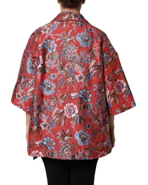 Dolce & Gabbana Red Floral Jacquard Button Down Coat Jacket