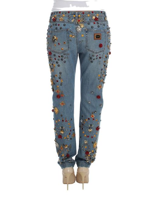 Dolce & Gabbana Blue Crystal Roses Heart Embellished Jeans