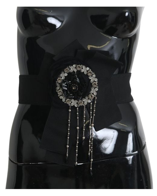 Dolce & Gabbana Black Crystal Brooch Wide Wai Satoria Belt Cotton Acetate