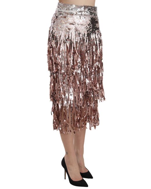 Dolce & Gabbana Metallic Sequin Embellished Fringe Midi Pencil Skirt