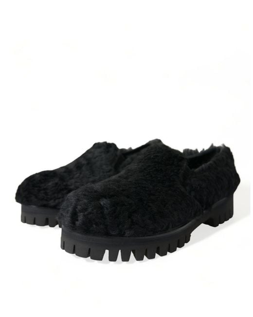 Dolce & Gabbana Black Fur Leather Slippers Dress Shoes for men