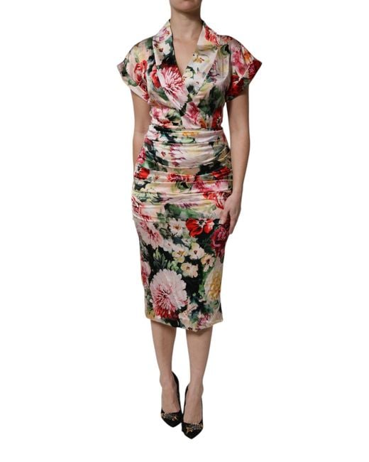 Dolce & Gabbana Red Floral Short Sleeves Sheath Midi Dress
