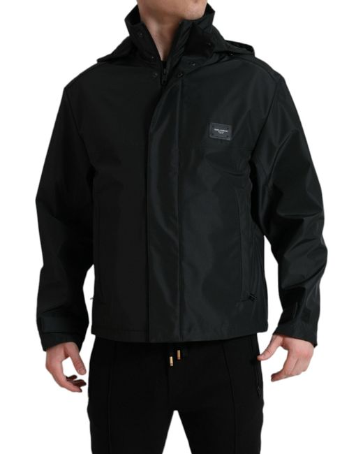 Dolce & Gabbana Black Polyester Logo Plaque Hooded Jacket for men