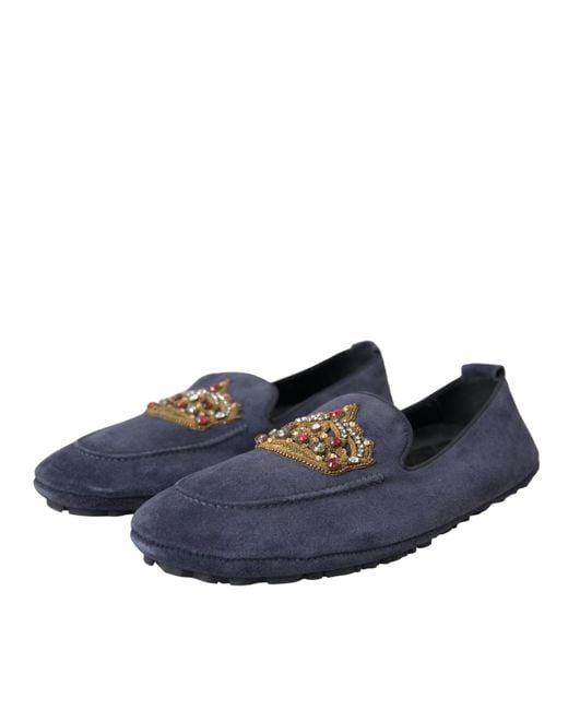 Dolce & Gabbana Blue Leather Suede Crystal Crown Loafers Shoes for men