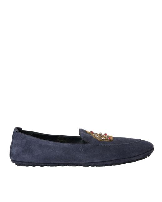 Dolce & Gabbana Blue Leather Suede Crystal Crown Loafers Shoes for men
