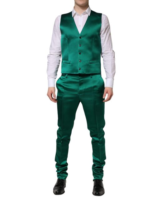 Dolce & Gabbana Green Silk 3 Piece Single Breasted Suit for men
