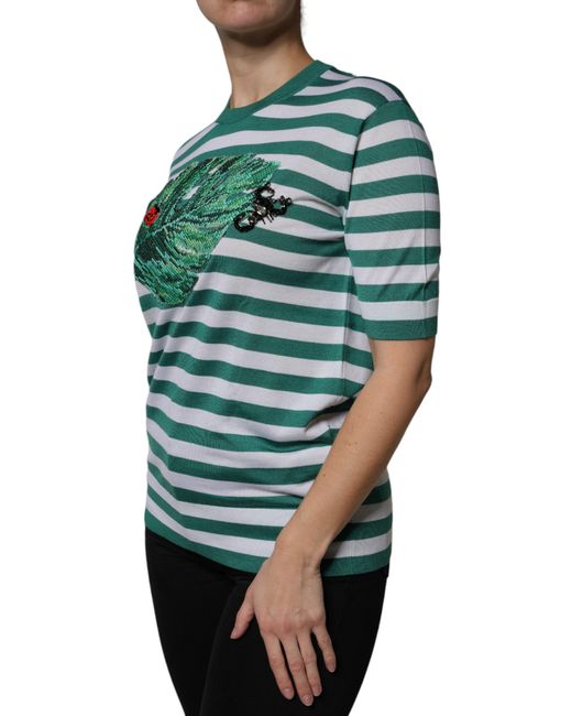 Dolce & Gabbana Green Stripe Leaf Crew Neck T-Shirt
