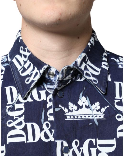 Dolce & Gabbana Blue Crown Logo Print Slim Fit Cotton Shirt for men
