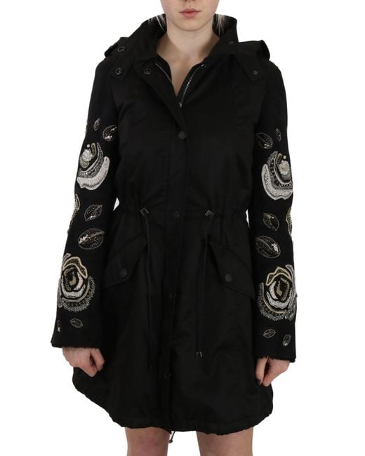 John Richmond Black Floral Sequined Beaded Hooded Jacket Coat