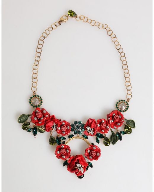 Dolce & Gabbana Red Rose Floral Crystal Embellished Statement Jewelry Necklace